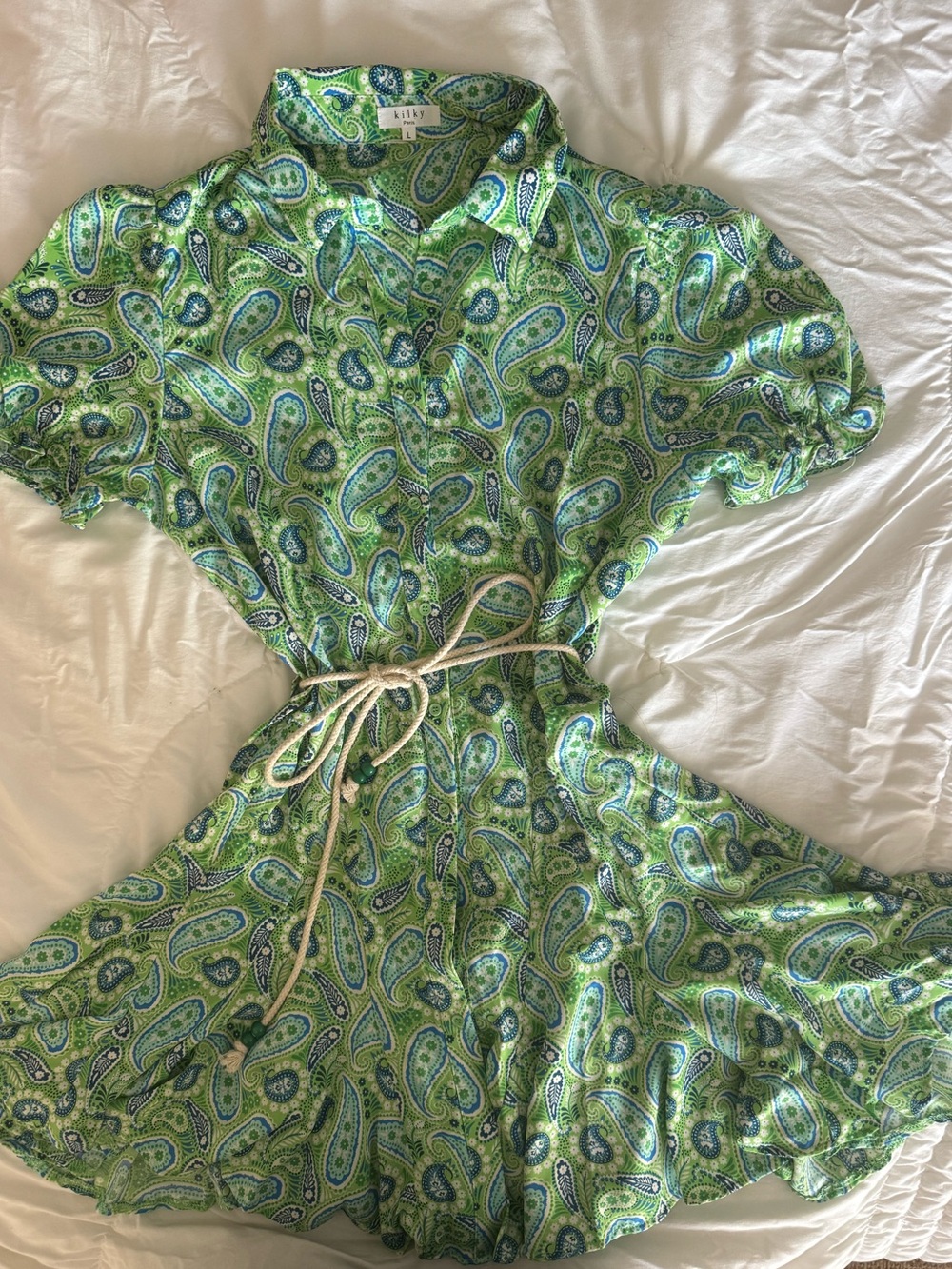 Green and Blue Paisley Collared Mini Dress